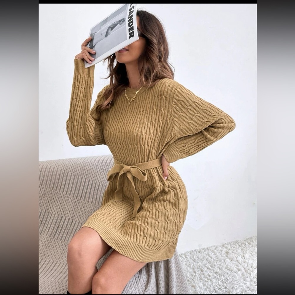 Cable knit belted sweater dress